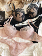Elegant Botanical Embroidery Plunge Bra and Sheer Thong Set