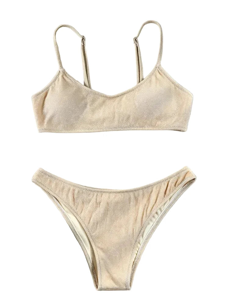 Shimmering Champagne Scoop Neck Bralette Bikini Set