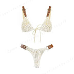 White Crochet-Detail Three-Piece Bikini Set with Adjustable Triangle Top, Knotted Bottom and Matching Beach Skirt