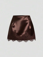 Satin Lace Trim Mini Skirt with Sleek Fitted Contemporary Silhouette