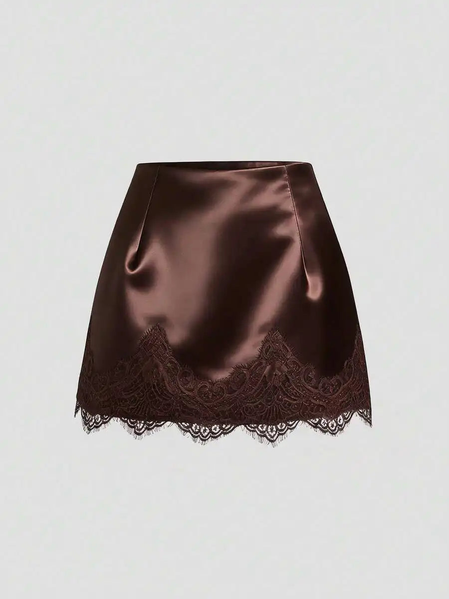 Satin Lace Trim Mini Skirt with Sleek Fitted Contemporary Silhouette