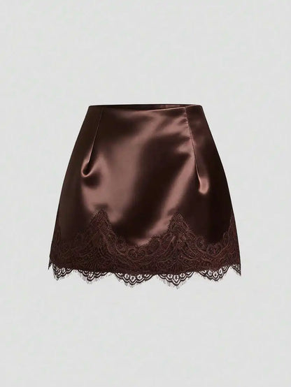 Satin Lace Trim Mini Skirt with Sleek Fitted Contemporary Silhouette