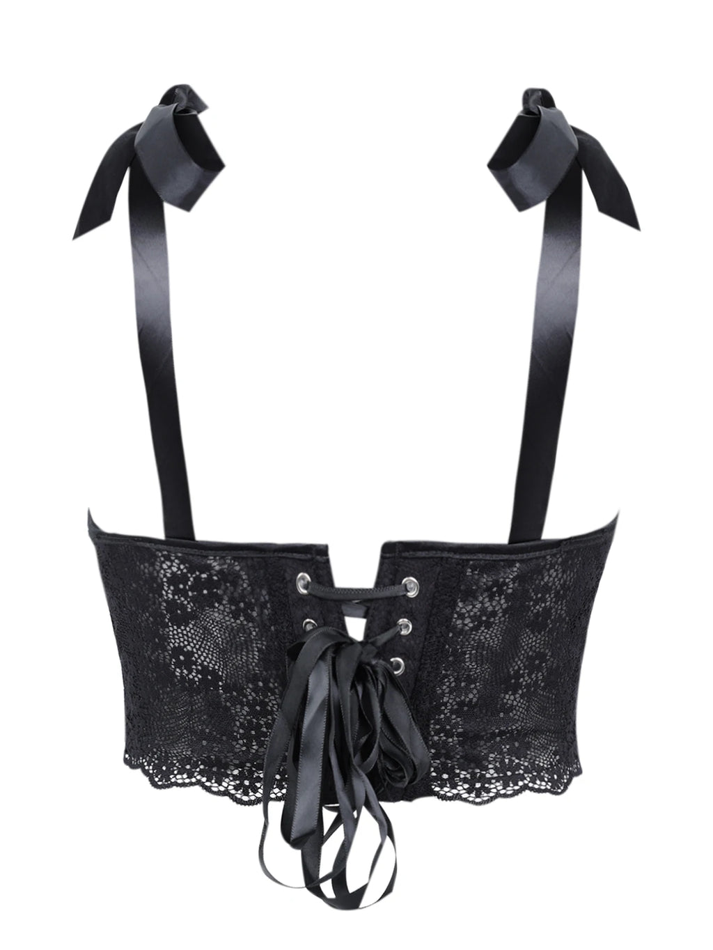 Midnight Black Floral Lace Cropped Bustier with Adjustable Bow-Tie Straps