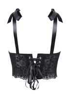 Midnight Black Floral Lace Cropped Bustier with Adjustable Bow-Tie Straps
