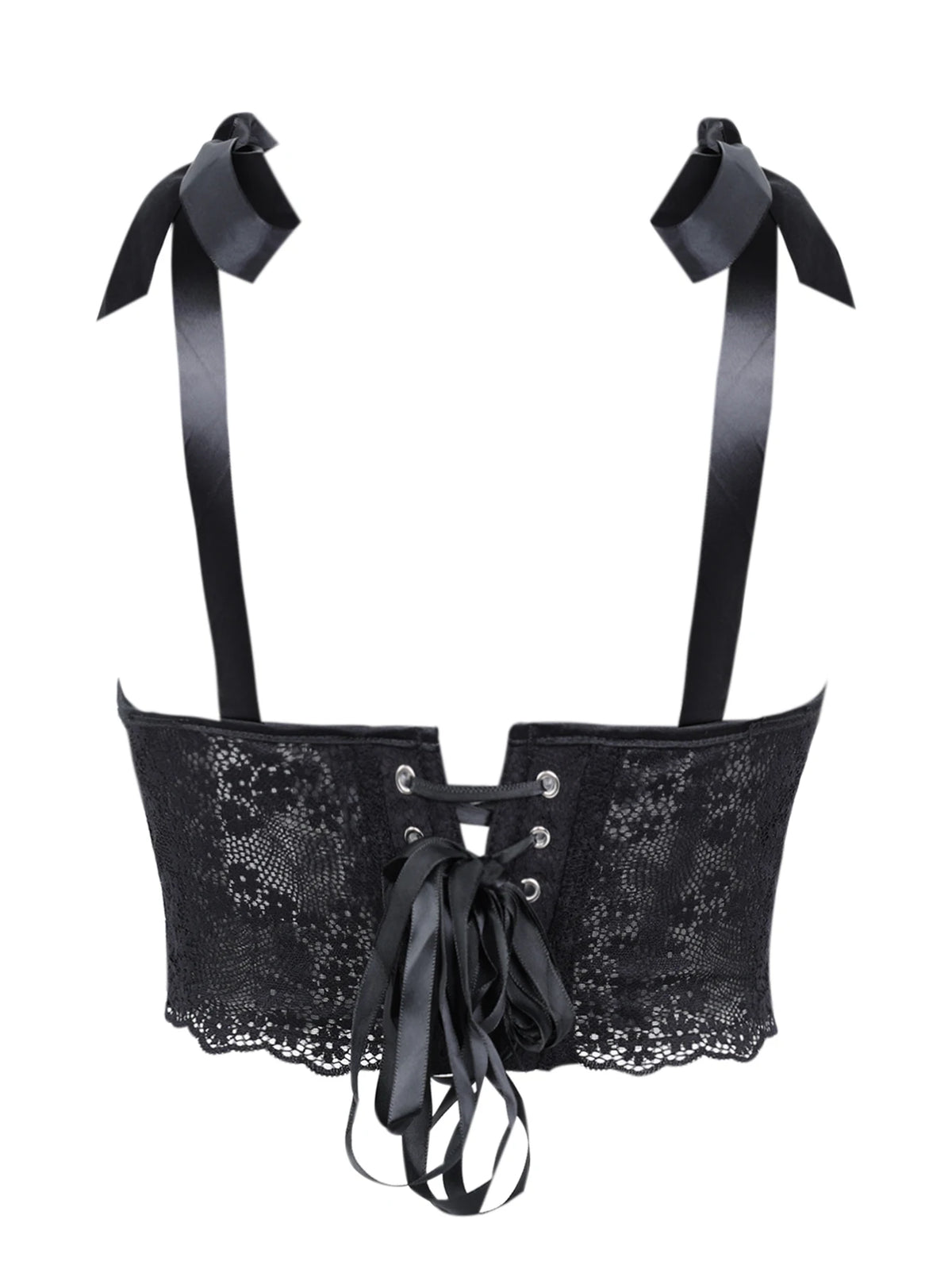 Midnight Black Floral Lace Cropped Bustier with Adjustable Bow-Tie Straps
