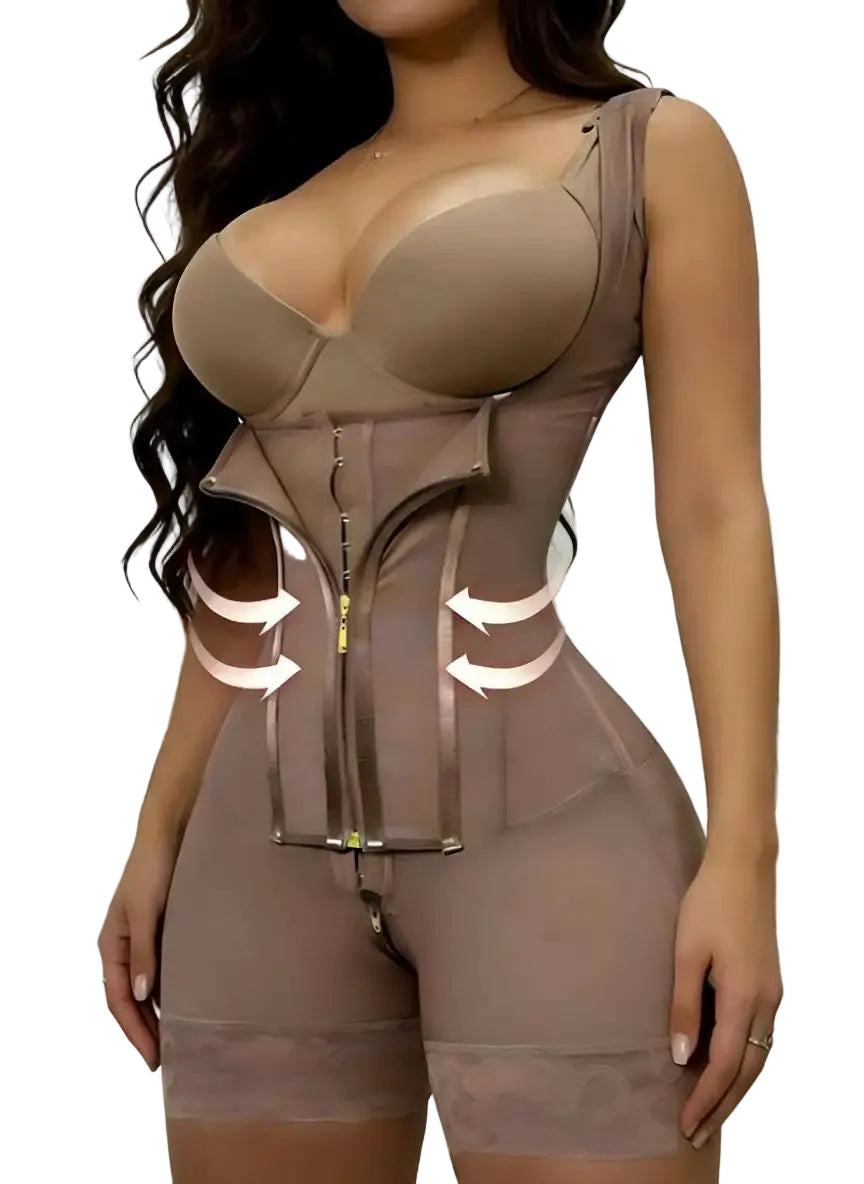 Mocha Open-Bust Shaping Bodysuit with Zip Closure and Lace Hem