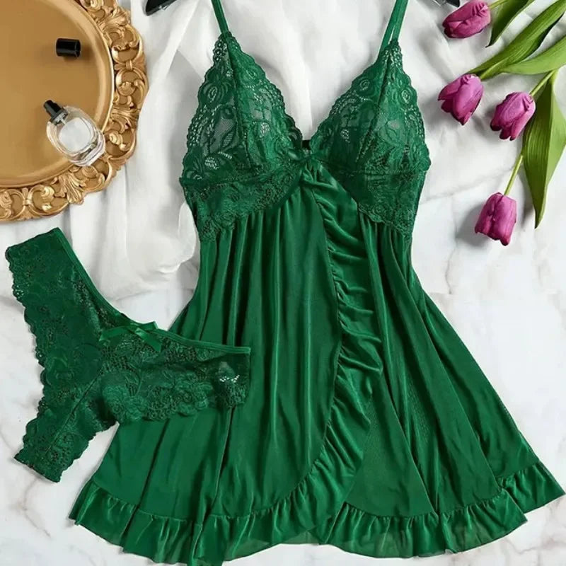 Women's Dark Green Halter Nightgown with Delicate Lace Detail, Sheer Satin-Look Mini Sleep Dress and Matching Thong Set