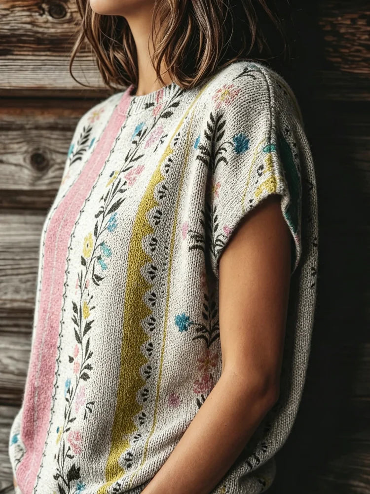 Women's Botanical Pattern Knit Vest with Crew Neck Relaxed Cap Sleeve Design