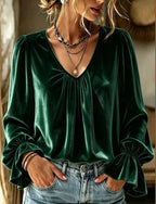 Luxurious Velvet-Finish V-Neck Blouse with Gathered Bodice and Flared Cuffs