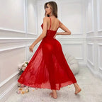 Dramatic Red Sheer Mesh Polka Dot Maxi Dress with Lace Bodice and High Slits