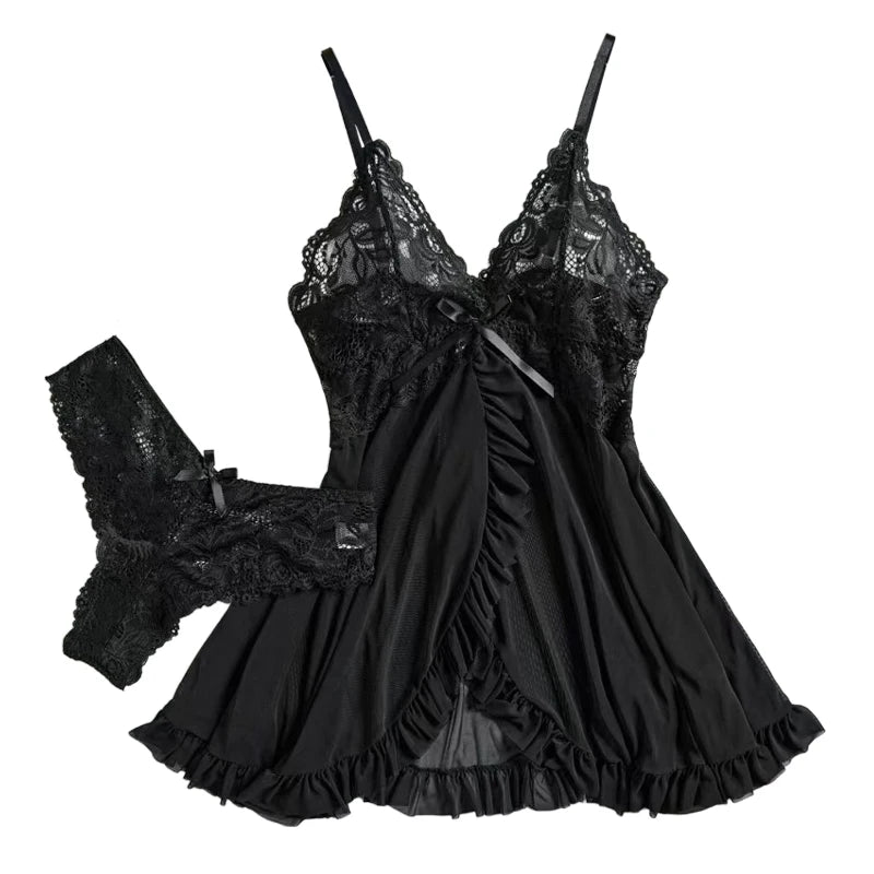 Sheer Black Mesh Split-Front Babydoll Set with Floral Lace Bodice