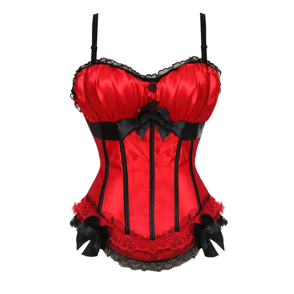 Red and Black Polka Dot Overbust Corset with Lace Overlay and Ruffled Trim