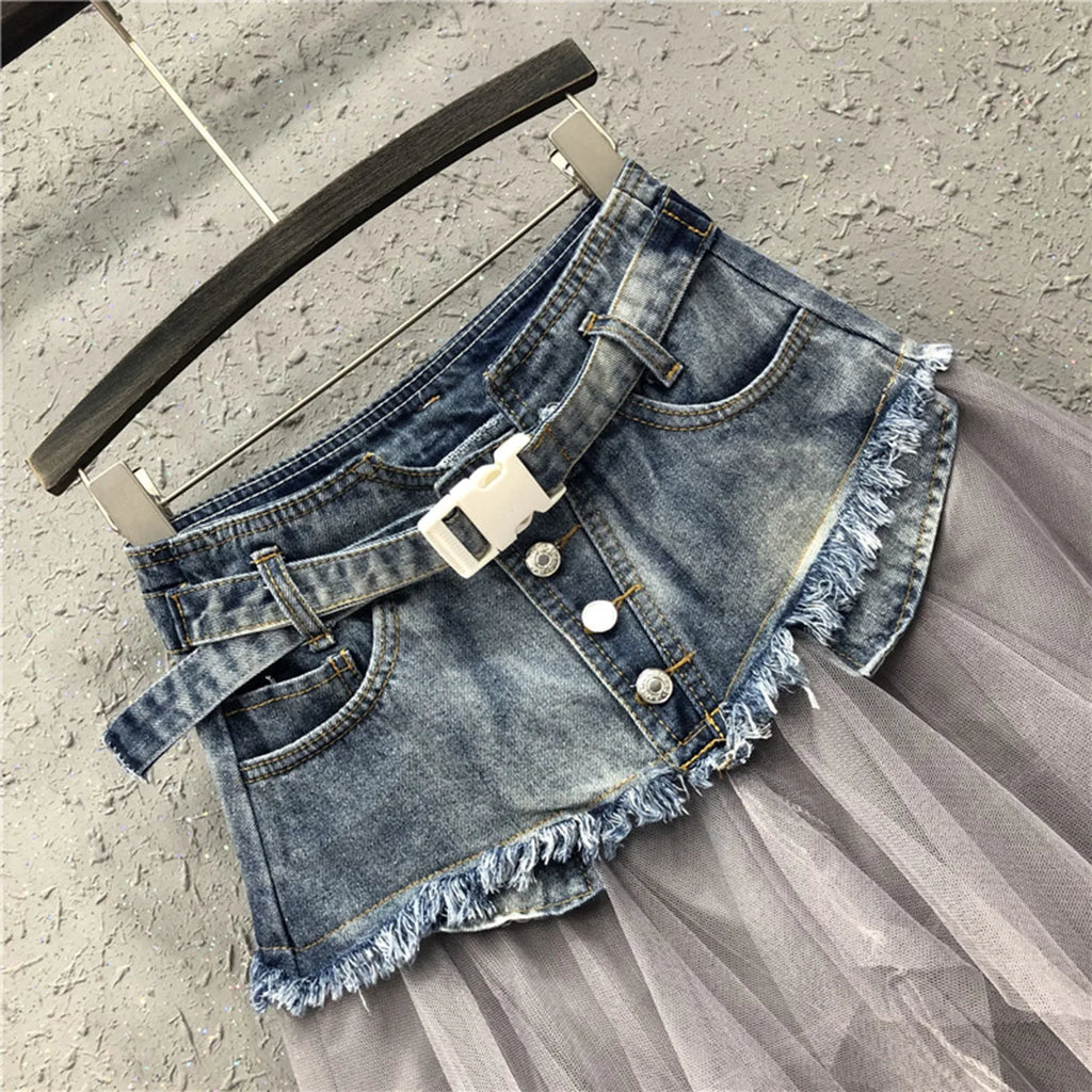 Denim Layered Mesh Asymmetrical Mini Skirt High Waist Alternative Fashion Bottom