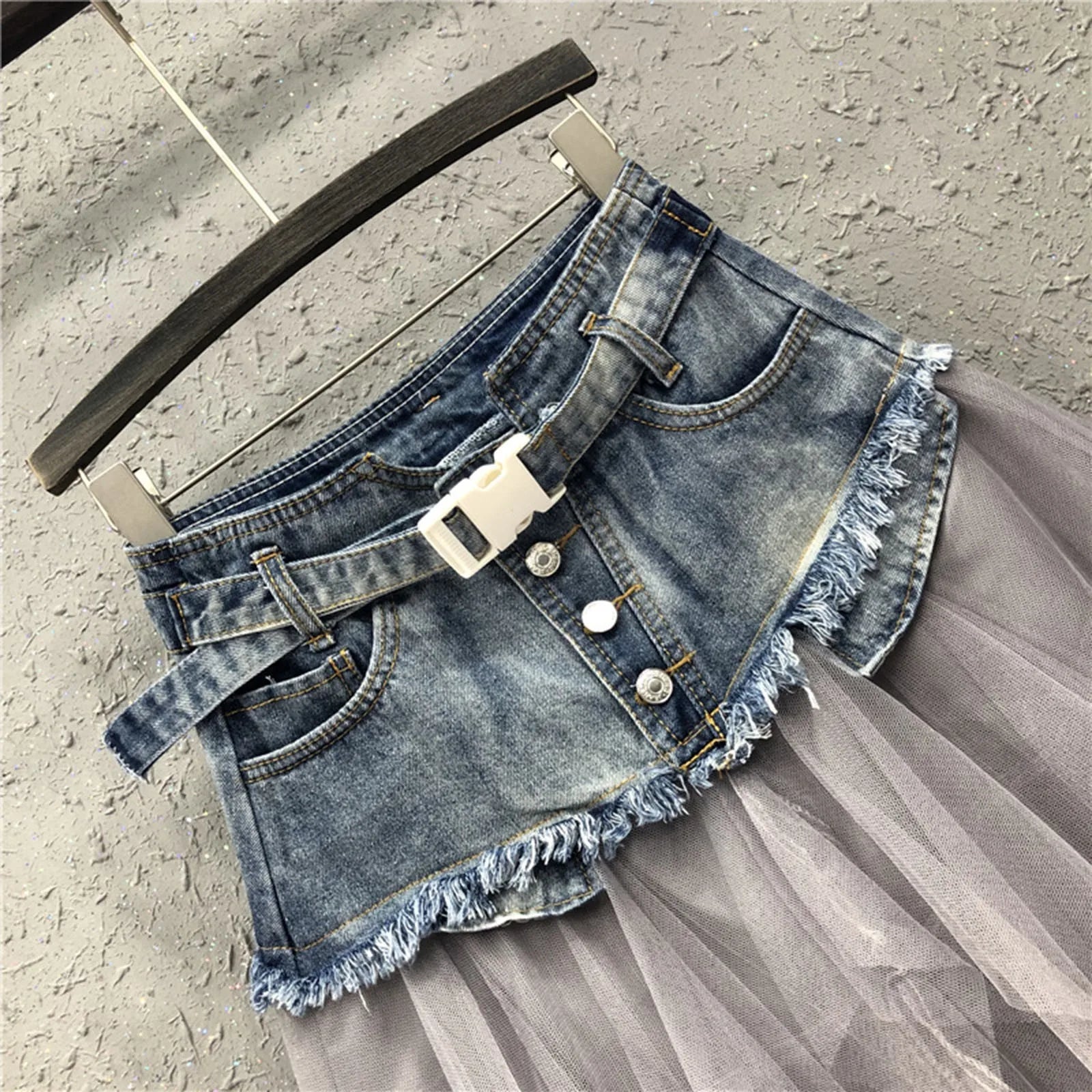 Denim Layered Mesh Asymmetrical Mini Skirt High Waist Alternative Fashion Bottom