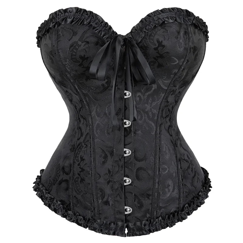 Vintage Floral Jacquard Corset Top with Sweetheart Neckline and Lace-Up Detail