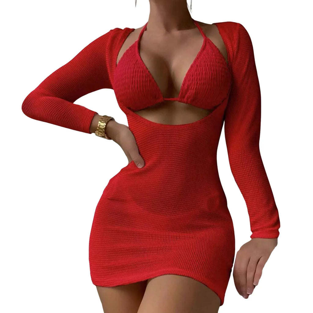 Three-Piece Crisp White String Bikini Set with Sheer Mesh Long-Sleeve Cover-Up