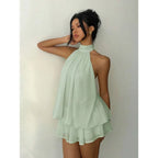 Flowy Mint Green Halter Neck Mini Dress with Tiered Hem