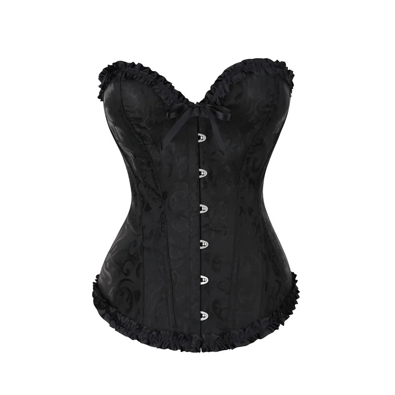 Black Floral Lace Strapless Overbust Corset with Sweetheart Neckline and Ribbon Accent