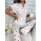 Women's Cherry Print Pajama Set with Button-Front Short-Sleeve Top and Matching Ankle-Length Pants, Lace-Trim Sleepwear