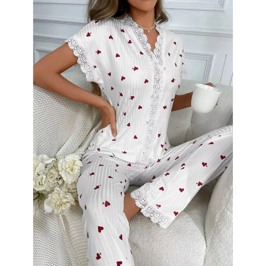 Women's Cherry Print Pajama Set with Button-Front Short-Sleeve Top and Matching Ankle-Length Pants, Lace-Trim Sleepwear