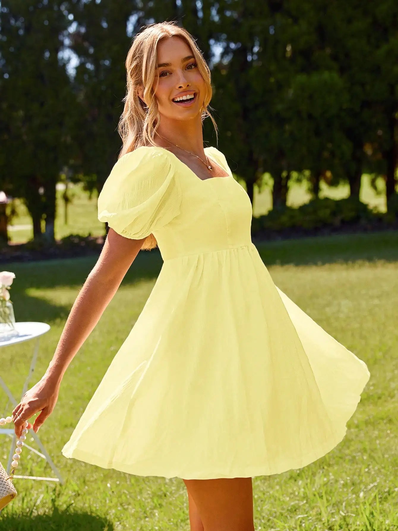 Square Neck Puff Sleeve Smocked Mini Dress with Relaxed A-Line Fit