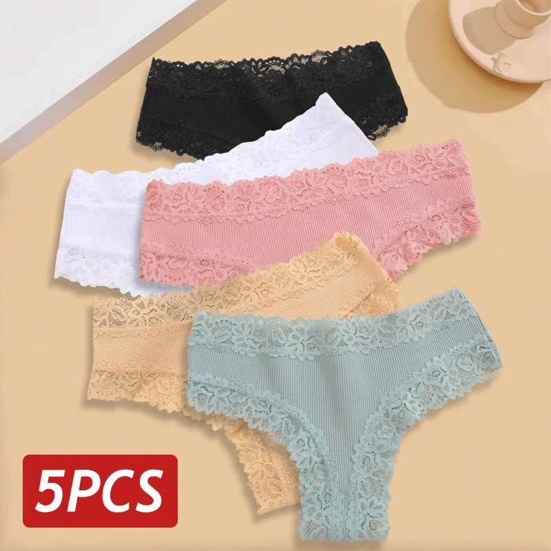Five-Piece Ribbed Cotton-Blend Brazilian Panty Set with Floral Lace Trim