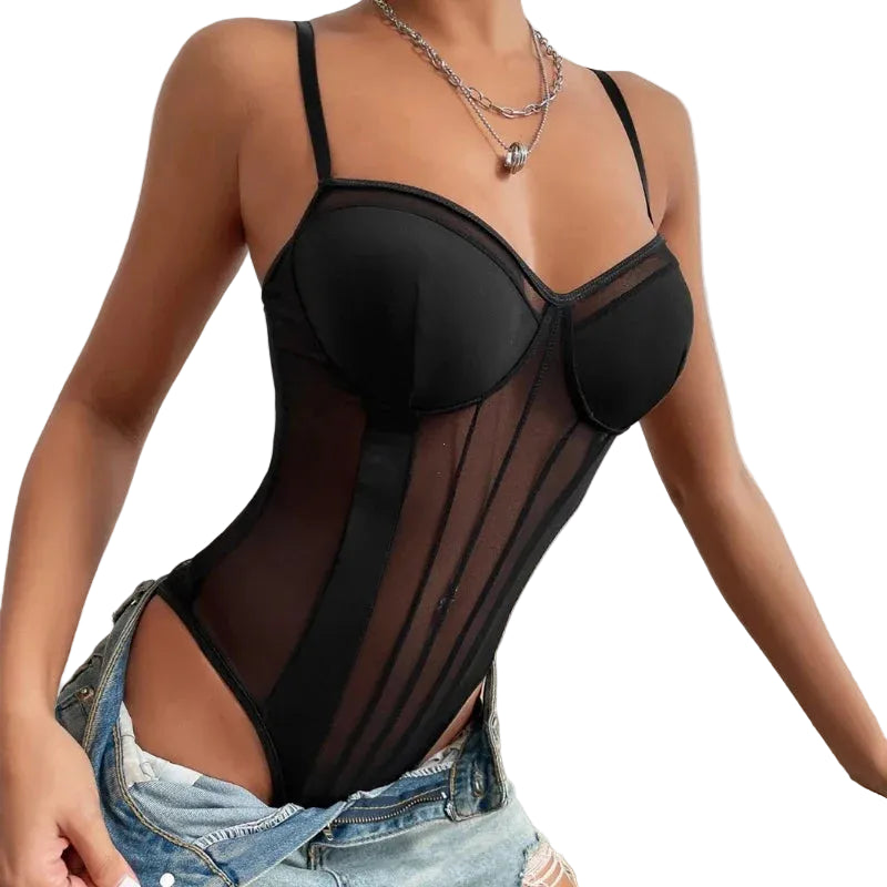 Corset Inspired Mesh Panel Bodysuit with Adjustable Straps Alternative Fashion