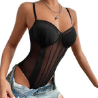 Corset Inspired Mesh Panel Bodysuit with Adjustable Straps Alternative Fashion