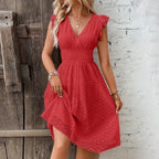 Eyelet Lace A-Line Mini Dress with Ruffle Sleeves and Defined Waist