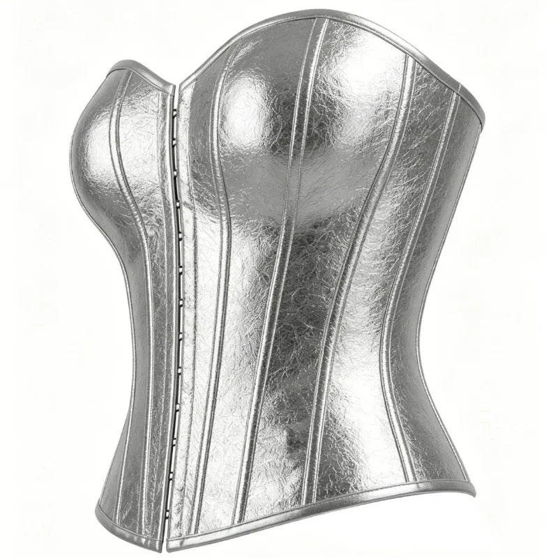 Luminous Metallic Silver Overbust Corset with Front Hook Closure