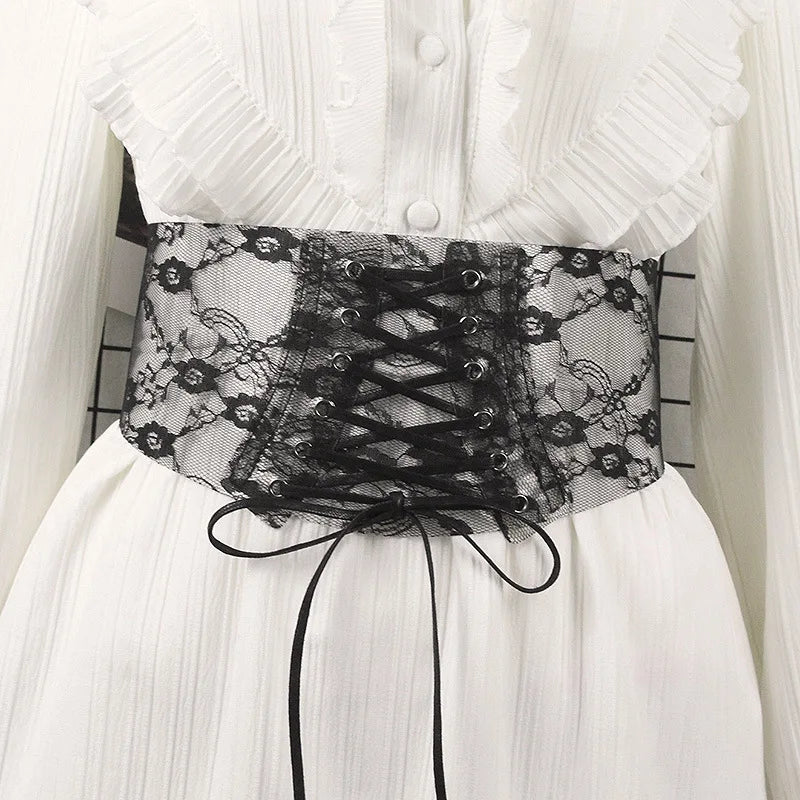 Sheer Lace Corset Belt with Lace-Up Front and Structured Waist Design