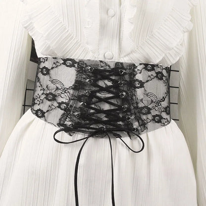 Sheer Lace Corset Belt with Lace-Up Front and Structured Waist Design