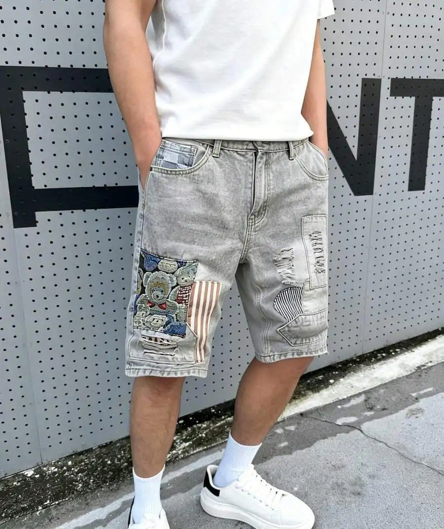Men's Loose Fit Patchwork Denim Shorts with Distressed Details and Casual Streetwear Style
