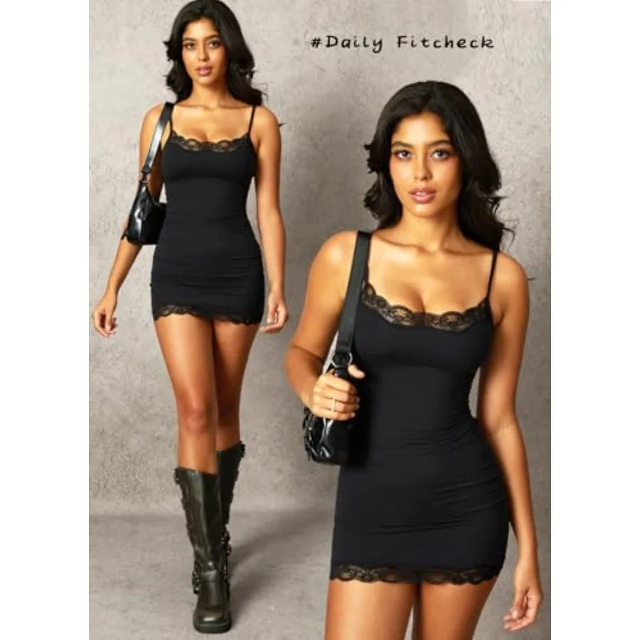 Form-Fitting Black Slip Mini Dress with Delicate Lace Trim