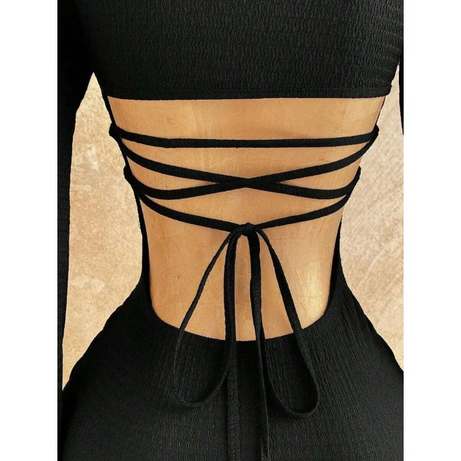 Sweetheart Neck Bodycon Mini Dress with Flare Sleeves and Open Back Detail
