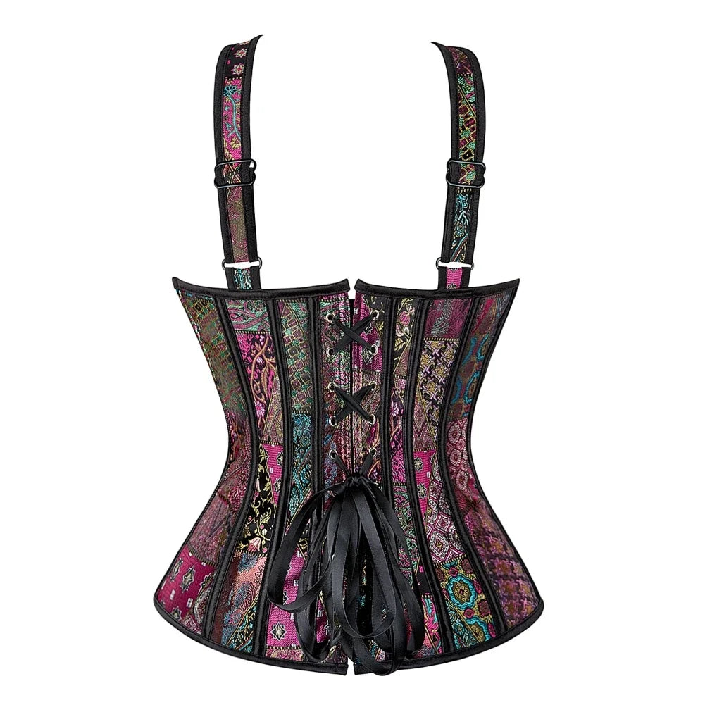 Vintage Floral Tapestry Overbust Corset with Wide Straps and Structured Seaming