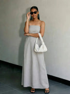 Strapless Linen Maxi Dress with Backless Design and Relaxed Silhouette