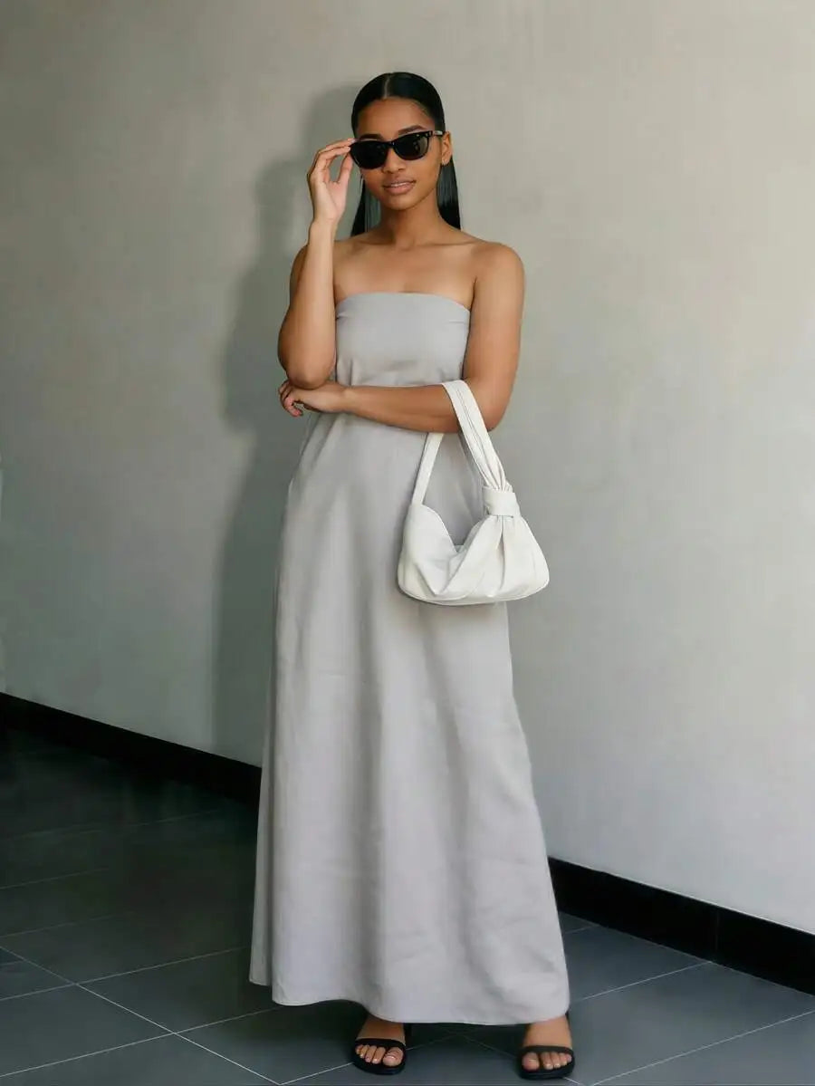 Strapless Linen Maxi Dress with Backless Design and Relaxed Silhouette