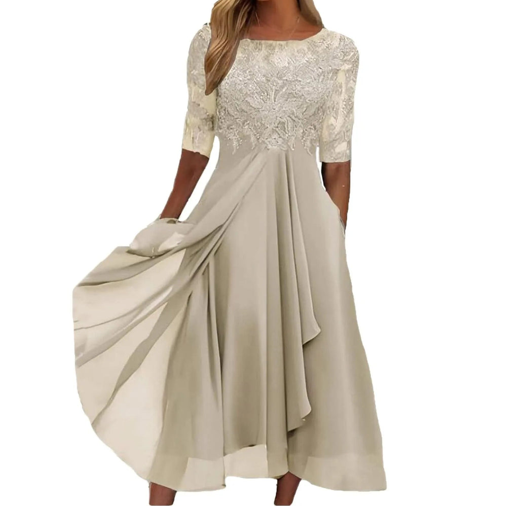 Textured Tea Length Dress With Soft Volume And Refined Drape