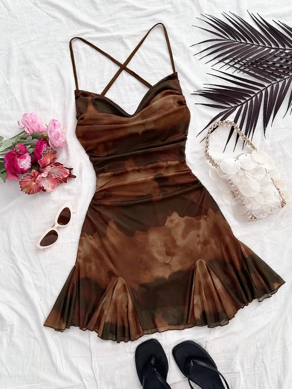 Tie Dye Ruched Mini Dress with Sweetheart Neckline and Flared Hem