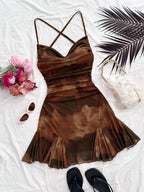 Tie Dye Ruched Mini Dress with Sweetheart Neckline and Flared Hem