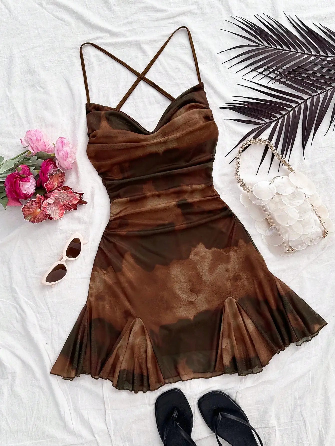 Tie Dye Ruched Mini Dress with Sweetheart Neckline and Flared Hem