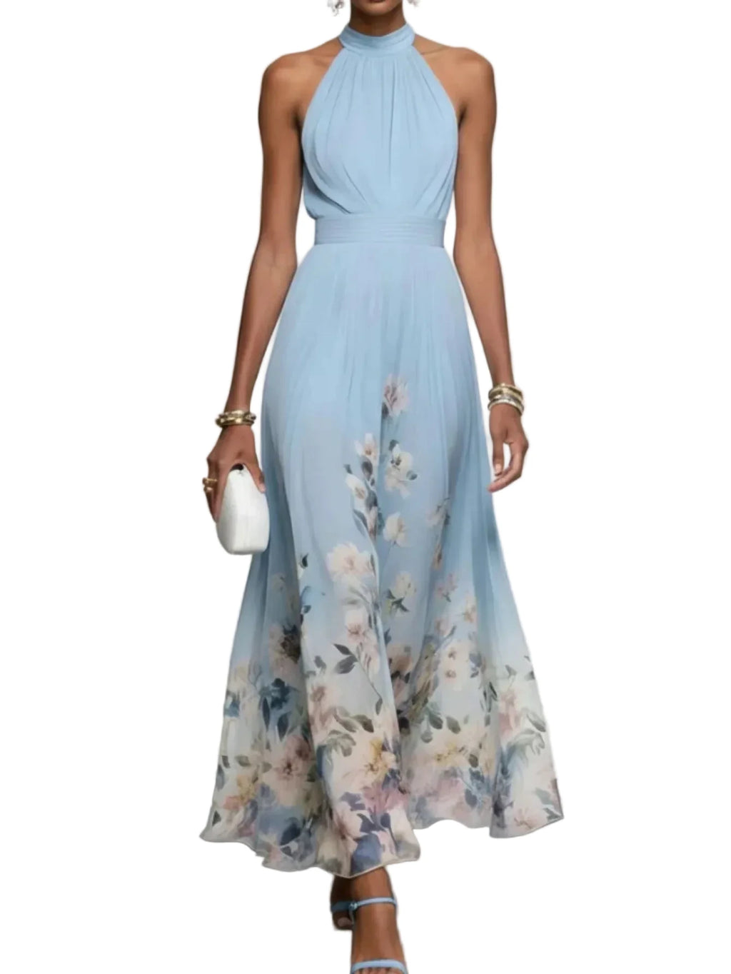Ethereal Light Blue Halter Maxi Dress with Flowing Floral Print Hem
