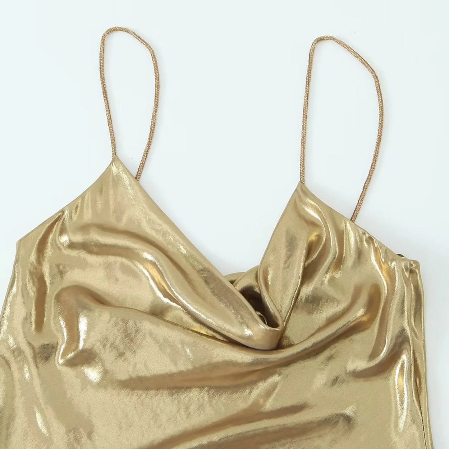 Metallic Finish Spaghetti Strap Mini Dress with Draped Cowl Neckline