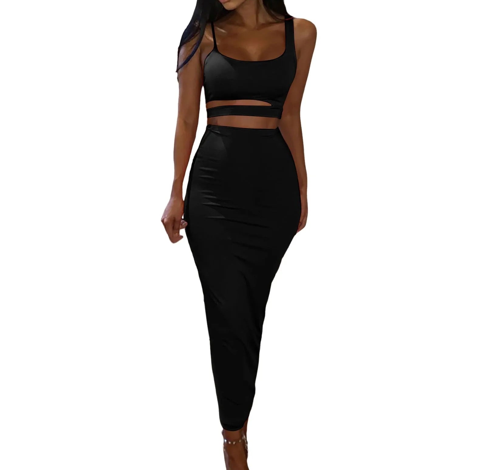 Women's Cutout Crop Top and Maxi Skirt Co-Ord Set Contemporary Evening Outfit