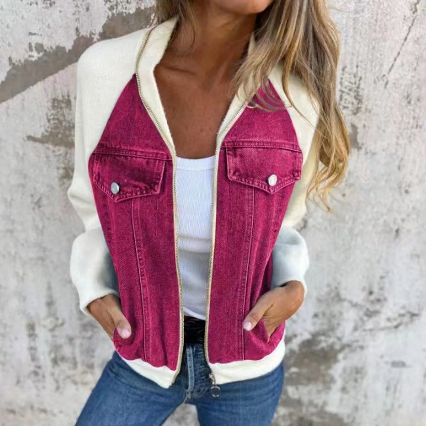 Women's Patchwork Denim Contrast Sleeve Button-Up Casual Streetwear Jacket