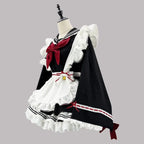 Classic Long-Sleeve Sailor Maid Dress with Ruffled Apron and Crimson Bow