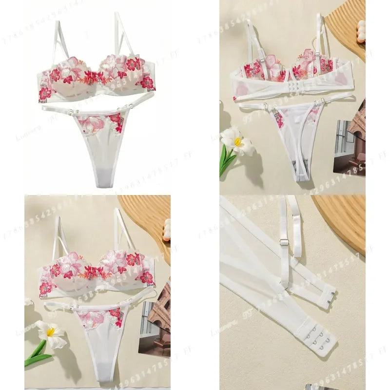 Vibrant Pink Floral Embroidered Sheer Mesh Underwire Bra and Thong Set