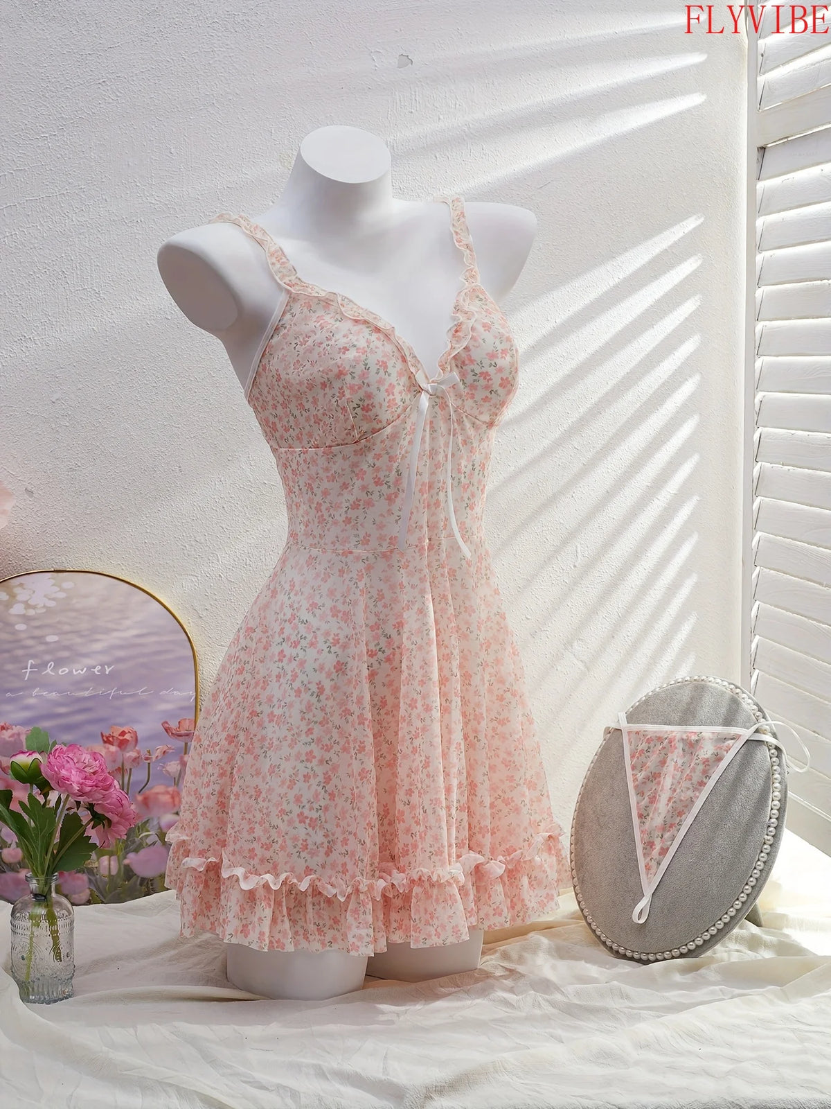 Floral Lace V-Neck Nightgown with Bow Detail, Pleated Ruffle Hem and Delicate Backless Silhouette
