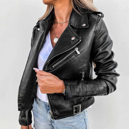 Women's Cropped Faux Leather Moto Jacket with Asymmetrical Zip Contemporary Streetwear Design